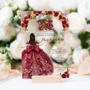Invitations En Acrylique Robe de princesse rouge florale Coquette Quinceane