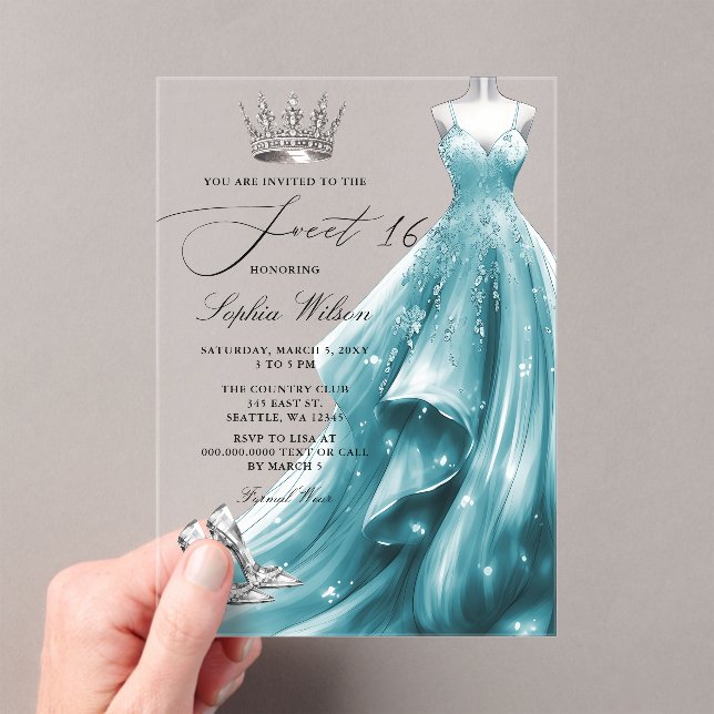 Invitations En Acrylique Robe de princesse sarcelle argentée Sweet 16 (In situ (ordinateur de poche))