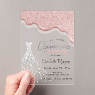 Invitations En Acrylique Robe de Quinceañera à paillettes rose gold et diam