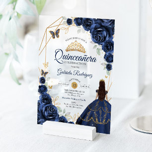 Invitations En Acrylique Robe de Quinceanera bleu marine florale or