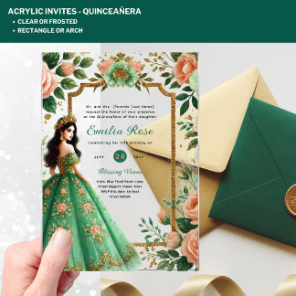 Invitations En Acrylique Robe de Quinceañera en acrylique vert émeraude or
