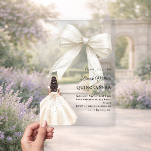 Invitations En Acrylique Robe de Quinceanera en ivoire avec nœud de luxe cr