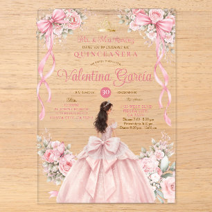 Invitations En Acrylique Robe de Quinceañera florale à noeud rose poudré po