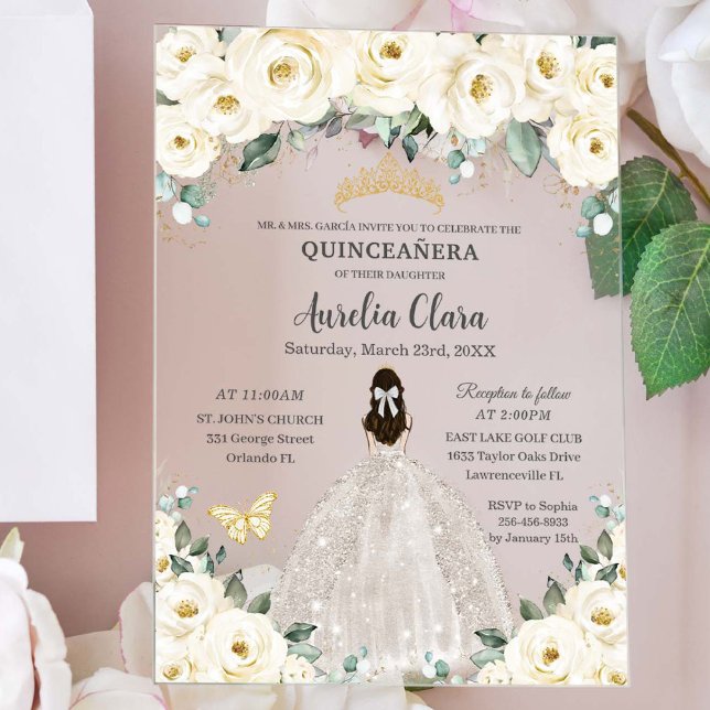Invitations En Acrylique Robe de Quinceañera ivoire blanc Floral or Tiara (Créateur téléchargé)