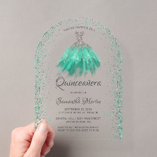 Invitations En Acrylique Robe de soirée Aqua Silver Glitter Quinceañera
