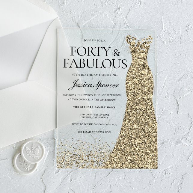 Invitations En Acrylique Robe d'or Fêtes de 40e anniversaire (Créateur téléchargé)