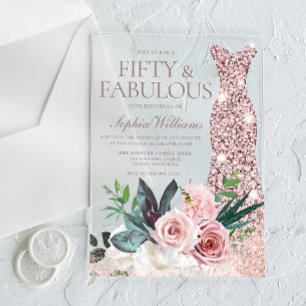 Invitations En Acrylique Robe d'or rose Blush Floral Womans 50e anniversair