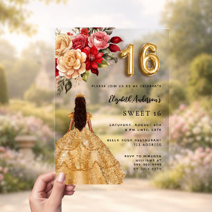 Invitations En Acrylique Robe d'or rouge floraux rose clair