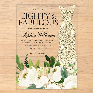 Invitations En Acrylique Robe dorée florale blanche 80e anniversaire