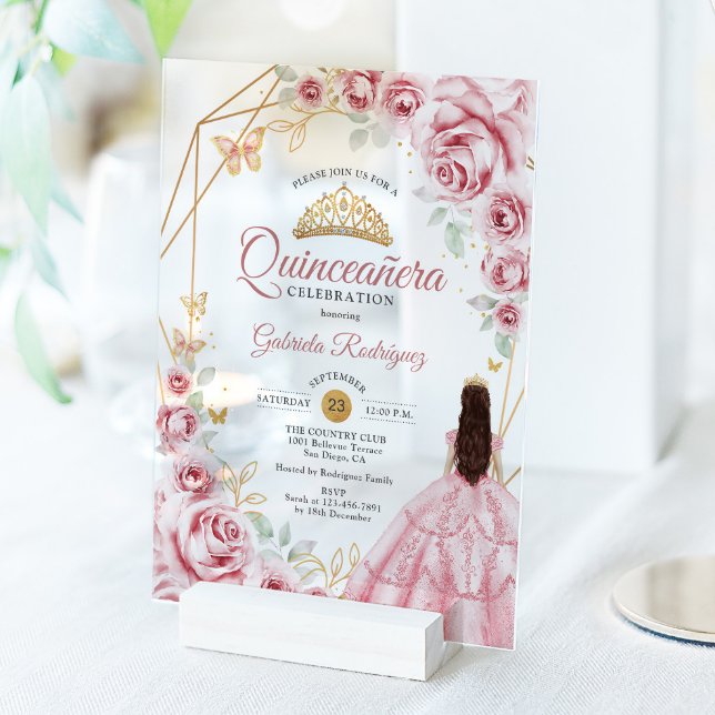 Invitations En Acrylique Robe dorée rose de Quinceanera florale (Créateur téléchargé)