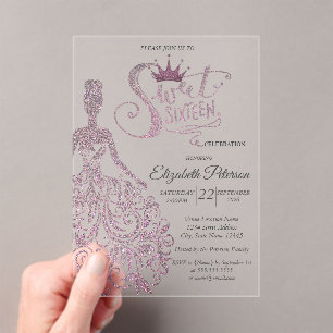 Invitations En Acrylique Robe élégante à paillettes violettes Sweet 16 Anni