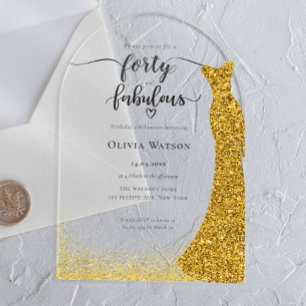 Invitations En Acrylique Robe élégante en or quarante ans fêtés avec éclat