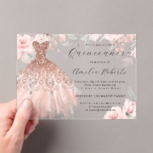 Invitations En Acrylique Robe Élégante Rose or Quinceanera