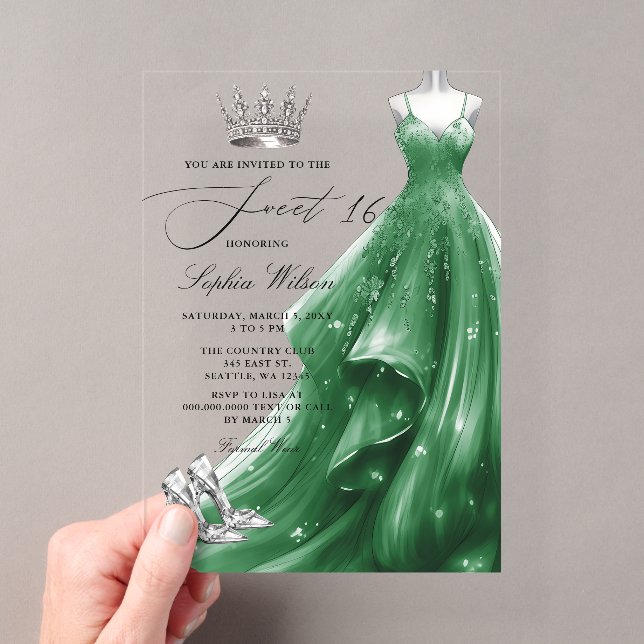 Invitations En Acrylique Robe émeraude argentée Princesse Douce 16 (In situ (ordinateur de poche))