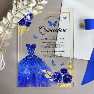 Invitations En Acrylique Robe Fleurie Bleu Royal Papillon Quinceanera Or