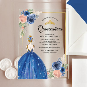 Invitations En Acrylique Robe Fleurie Bleu Royal Princesse Quinceanera Or