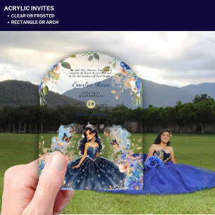 Invitations En Acrylique Robe Fleurie Bleue de Quinceanera en ACRYLIQUE