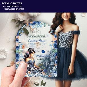 Invitations En Acrylique Robe Fleurie Bleue de Quinceanera en ACRYLIQUE