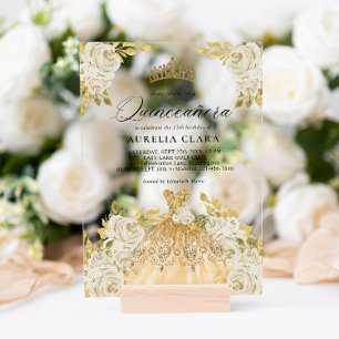 Invitations En Acrylique Robe Fleurie Glam Ivory Or 15ème Quinceañera
