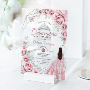 Invitations En Acrylique Robe Fleurie Rose Argent pour Quinceanera