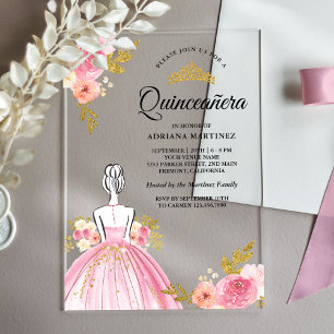 Invitations En Acrylique Robe Fleurie Rose Princesse Quinceanera Or
