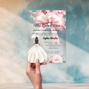 Invitations En Acrylique Robe florale à nœud rose pâle Quinceanera claire