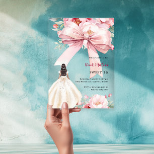 Invitations En Acrylique Robe florale à nœud rose pâle Sweet 16 claire