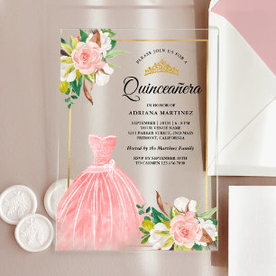 Invitations En Acrylique Robe florale aquarelle rose carmin Quinceanera or