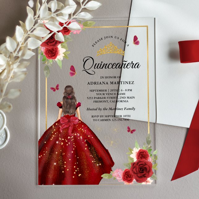Invitations En Acrylique Robe Florale Bourgogne papillon Quinceanera (Créateur téléchargé)