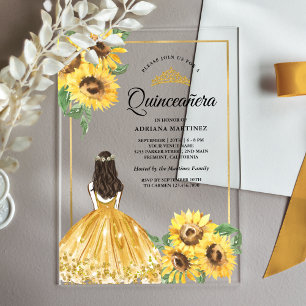 Invitations En Acrylique Robe Florale Jaune Tournesols Or Quinceanera