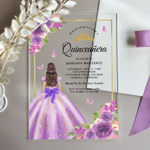 Invitations En Acrylique Robe florale lavande papillon Or Quinceanera
