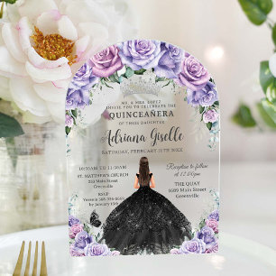 Invitations En Acrylique Robe Florale Lilac Noire Argent Quinceanera