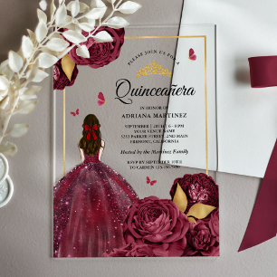 Invitations En Acrylique Robe Florale Or Bourgogne Papillon Quinceanera