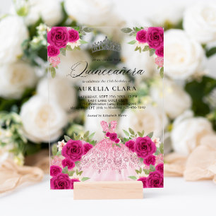 Invitations En Acrylique Robe Florale Rose Magenta Argent 15ème Quinceañera