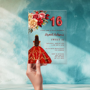 Invitations En Acrylique Robe florale rouge or roses clair Sweet 16