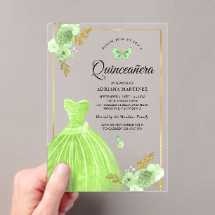 Invitations En Acrylique Robe Florale Vert Citron Papillon Or Quinceanera