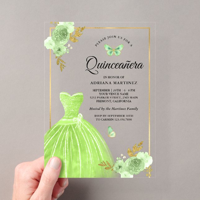 Invitations En Acrylique Robe Florale Vert Citron Papillon Or Quinceanera (In situ (ordinateur de poche))