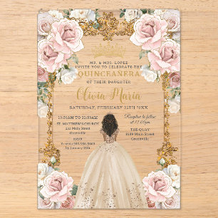 Invitations En Acrylique Robe florale vintage blush champagne Quinceanera