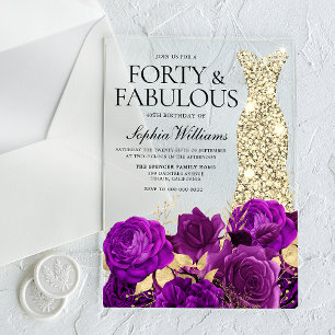 Invitations En Acrylique Robe Florale Violet & Or 40e fête d'anniversaire