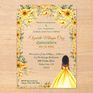 Invitations En Acrylique Robe jaune vibre et cheveux afro Quinceañera