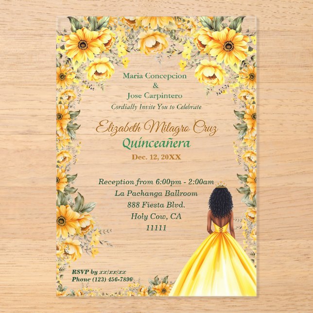 Invitations En Acrylique Robe jaune vibre et cheveux afro Quinceañera (Recto)