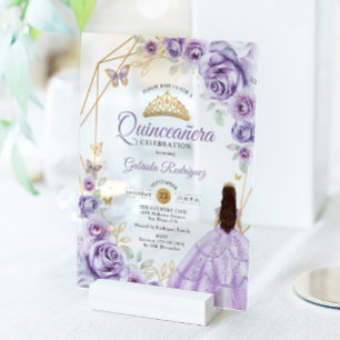 Invitations En Acrylique Robe lilas violette Quinceanera florale or