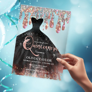 Invitations En Acrylique Robe noire élégante gouttes de cristal Quinceanera