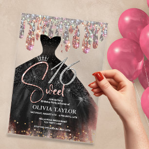 Invitations En Acrylique Robe noire élégante rose gold sweet 16 monogramme