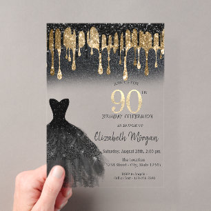 Invitations En Acrylique Robe noire pailletée gouttes noires 90e anniversai