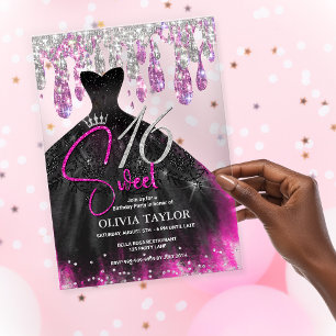 Invitations En Acrylique Robe noire rose chaud stylée doux 16 monogramme 