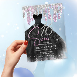 Invitations En Acrylique Robe noire rose stylée douce 16 monogramme