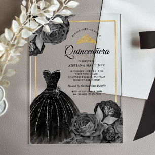Invitations En Acrylique Robe noire scintillante Roses grises Quinceanera o