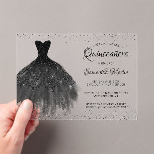 Invitations En Acrylique Robe noire Script Parties scintillant Quinceañera 