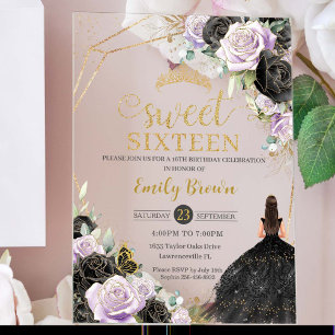 Invitations En Acrylique Robe noire Sweet 16 Seize Fleurs de lilas Or
